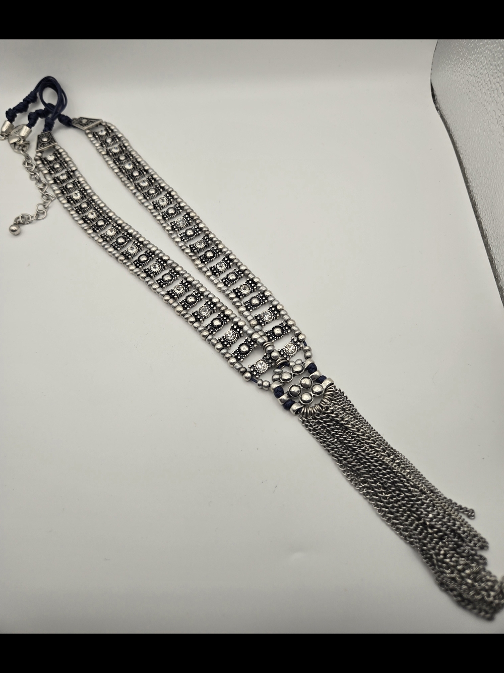 Chico's Long Silver-Tone Multi-Row Rhinestone Accent Y Necklace Tassle Navy Cord